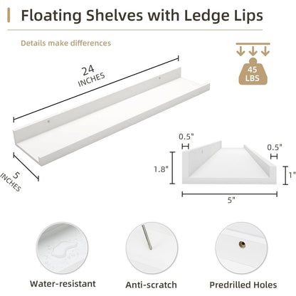 ShelfLoft 24" Wide x 5" Deep Picture Ledge Shelf Wood Floating Shelves,4 Pack