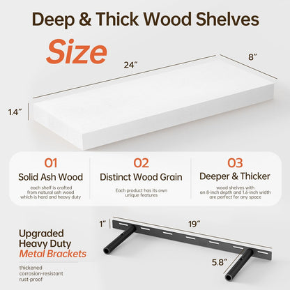 ShelfLoft 24" Wide x 8" Deep Solid Ash Wood Floating Shelves,2 Pack