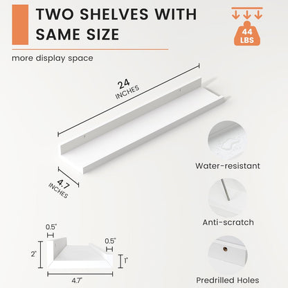 ShelfLoft 24" Wide x 4.7" Deep Picture Ledge Floating Shelves, White-2 Pack