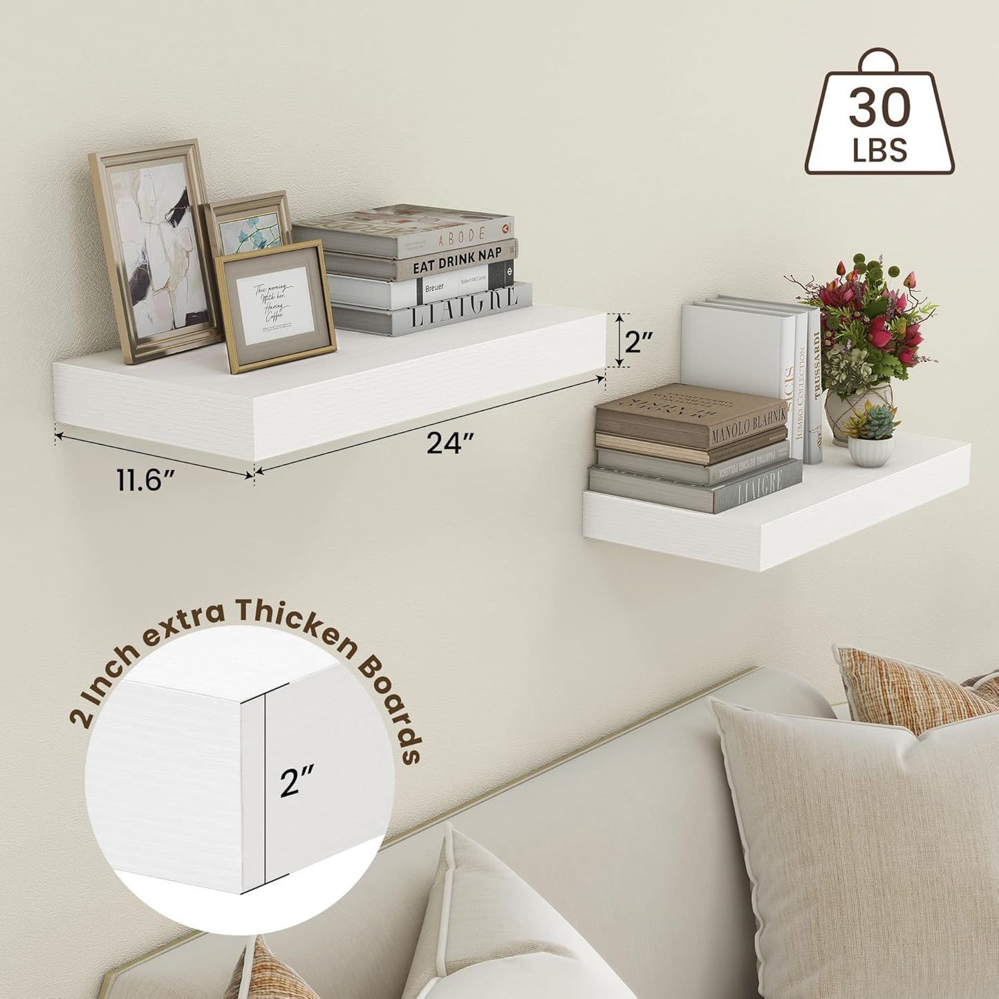 ShelfLoft 24"W x 11.6"D White Floating Shelves for Wall Storage, 2 Pack