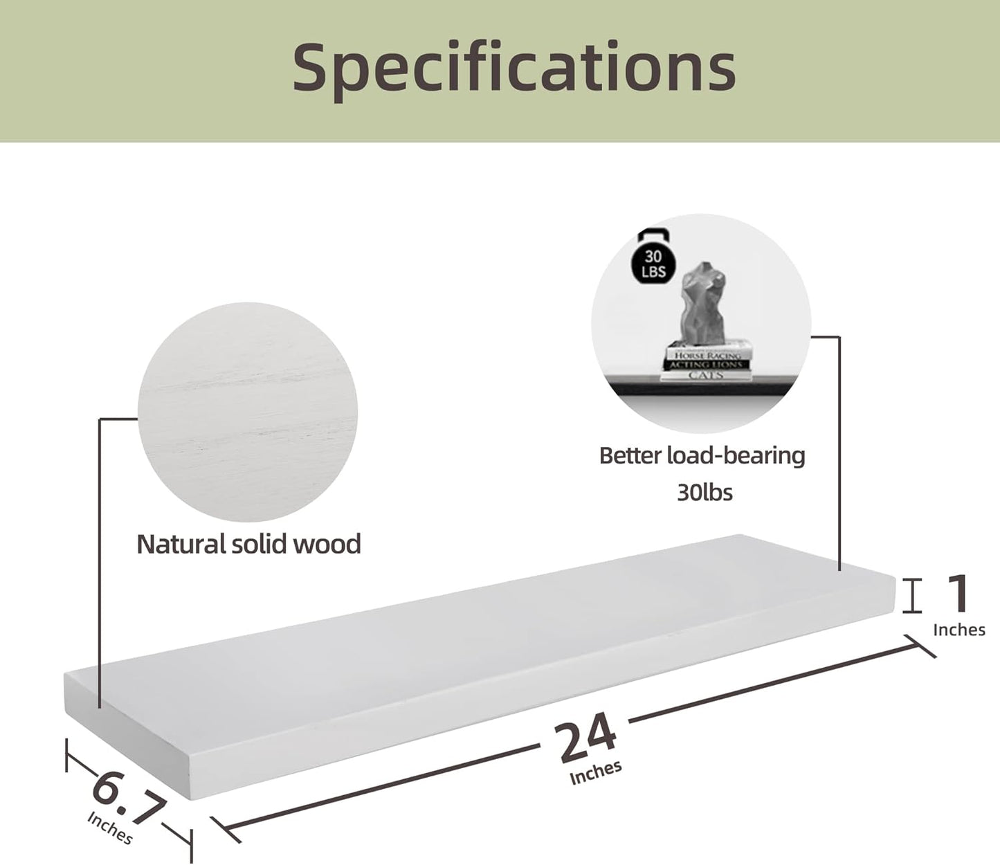 ShelfLoft 24"W x 6.7"D Paulownia Wood Wall Display Decor Floating Shelves,White-2 Pack