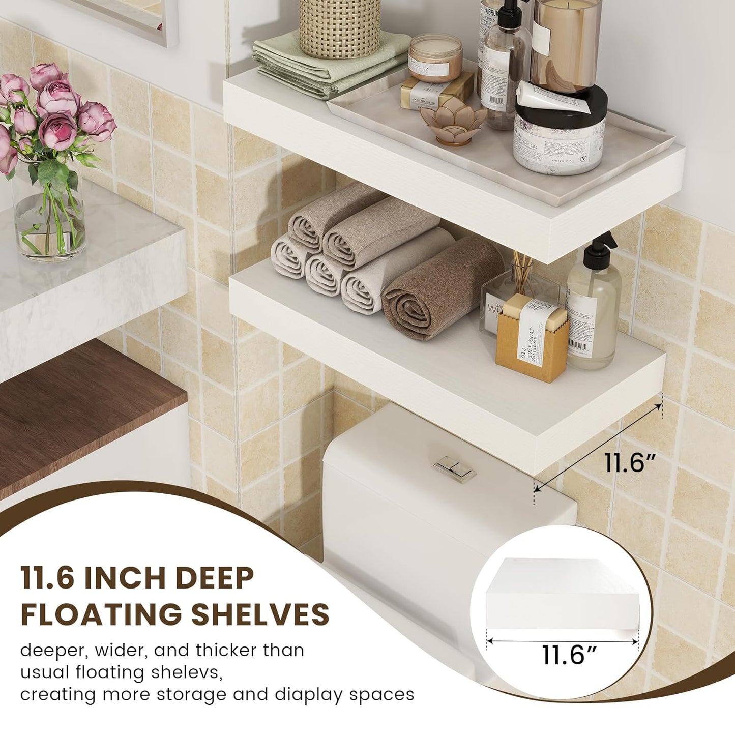 ShelfLoft 11.6"D x 2"H White Floating Shelves for Wall Storage