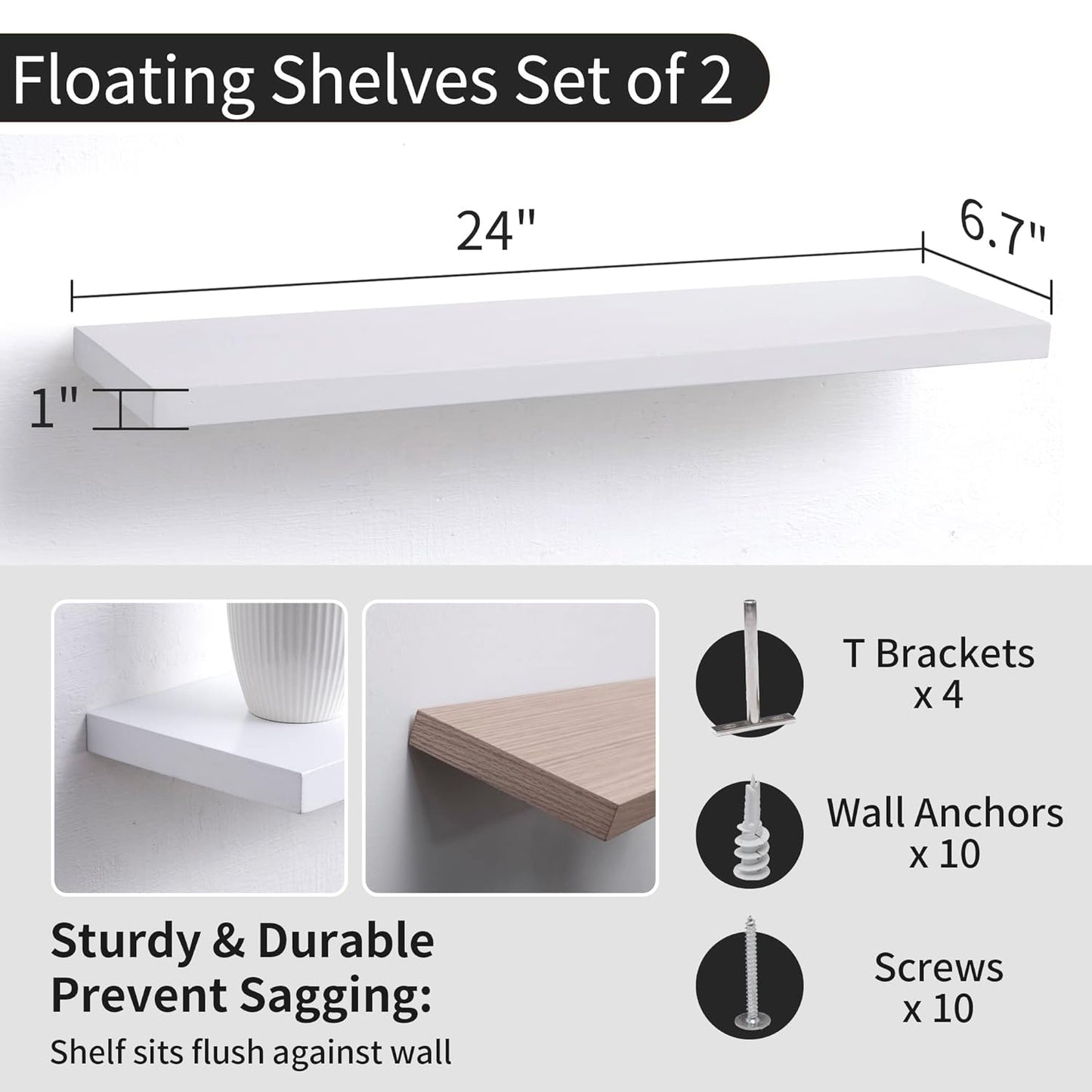 ShelfLoft 6.7"D x 1.4"H White Paulownia Wood Wall Display Decor Floating Shelves