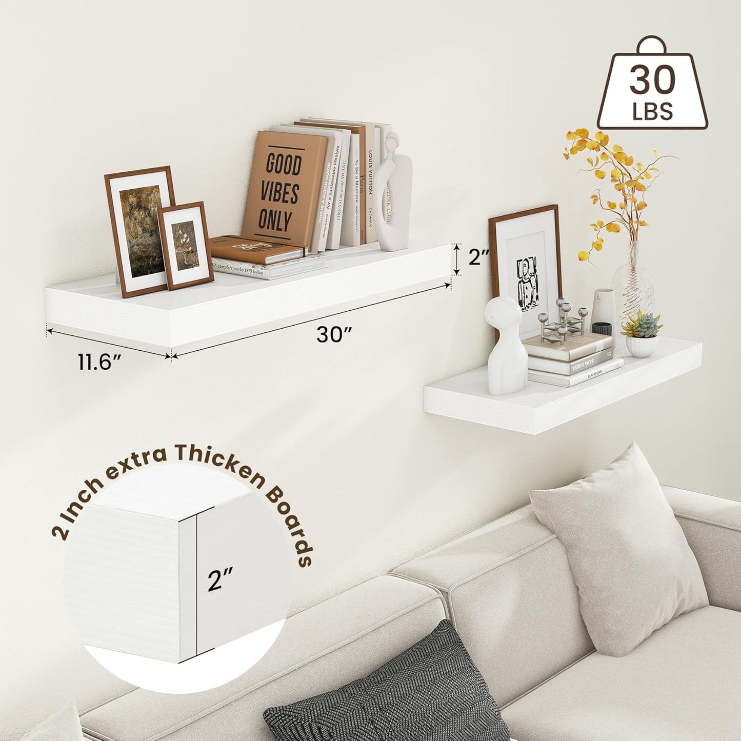 ShelfLoft 11.6"D x 2"H White Floating Shelves for Wall Storage