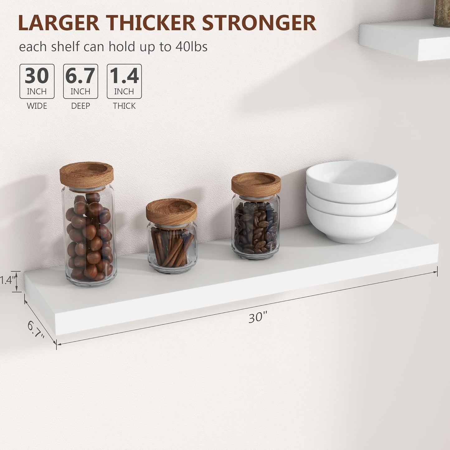 ShelfLoft 36"W x 6.7"D Paulownia Wood Wall Display Decor Floating Shelves,White-2 Pack