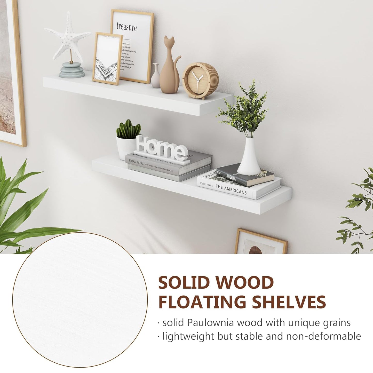 ShelfLoft 36"W x 6.7"D Paulownia Wood Wall Display Decor Floating Shelves,White-2 Pack