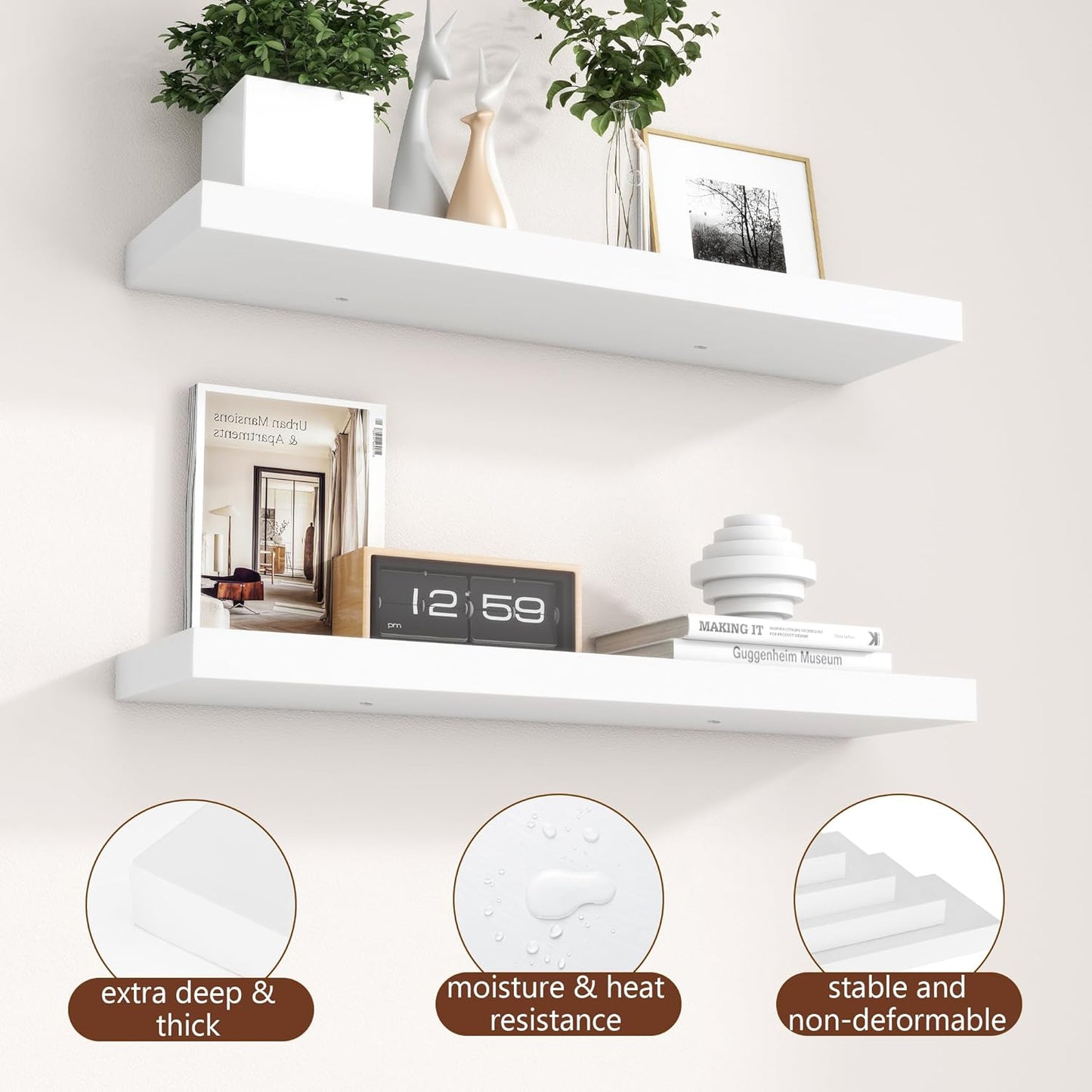 ShelfLoft 6.7"D x 1.4"H White Paulownia Wood Wall Display Decor Floating Shelves