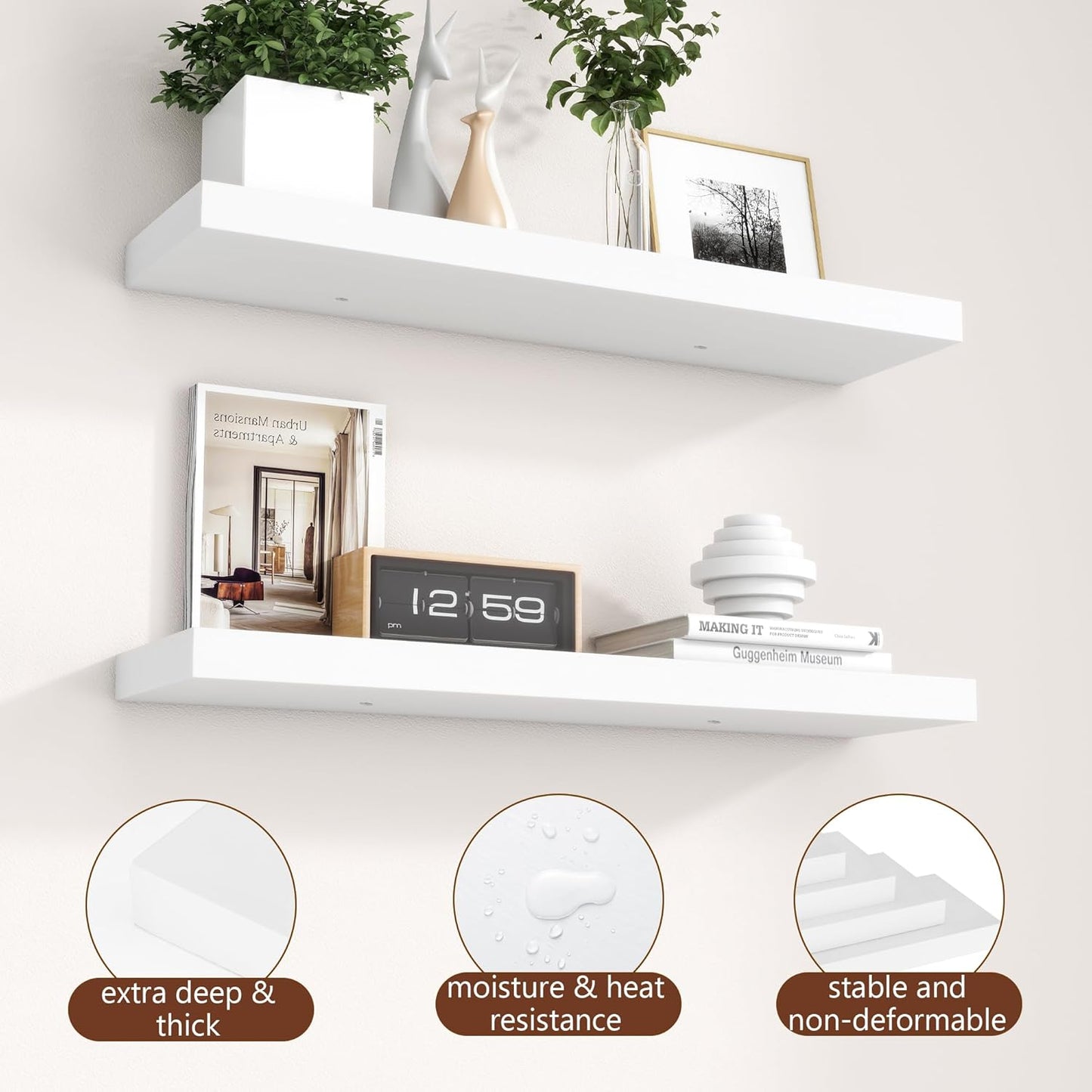 ShelfLoft 30"W x 6.7"D Paulownia Wood Wall Display Decor Floating Shelves,White-2 Pack