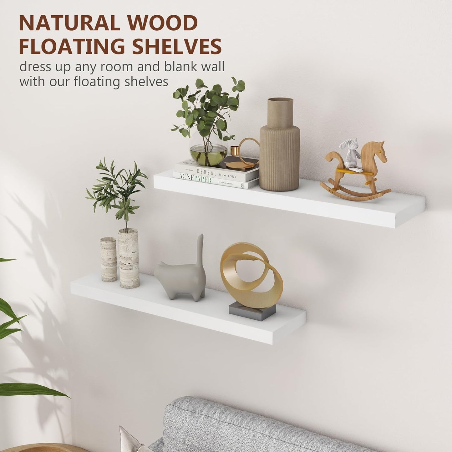 ShelfLoft 36"W x 6.7"D Paulownia Wood Wall Display Decor Floating Shelves,White-2 Pack