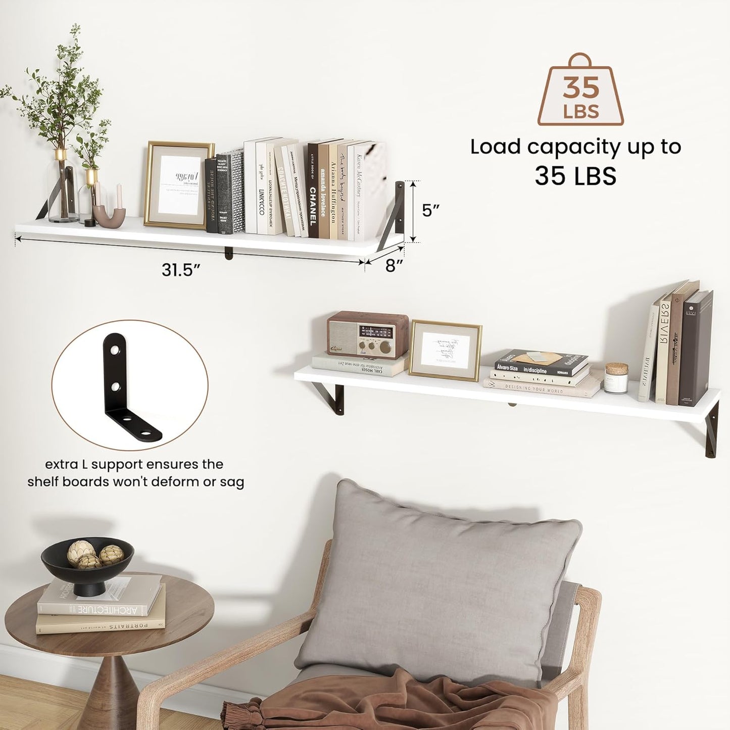 ShelfLoft 31.5" Wide x 8" Deep Wall Mounted Floating Shelves, 2 Pack