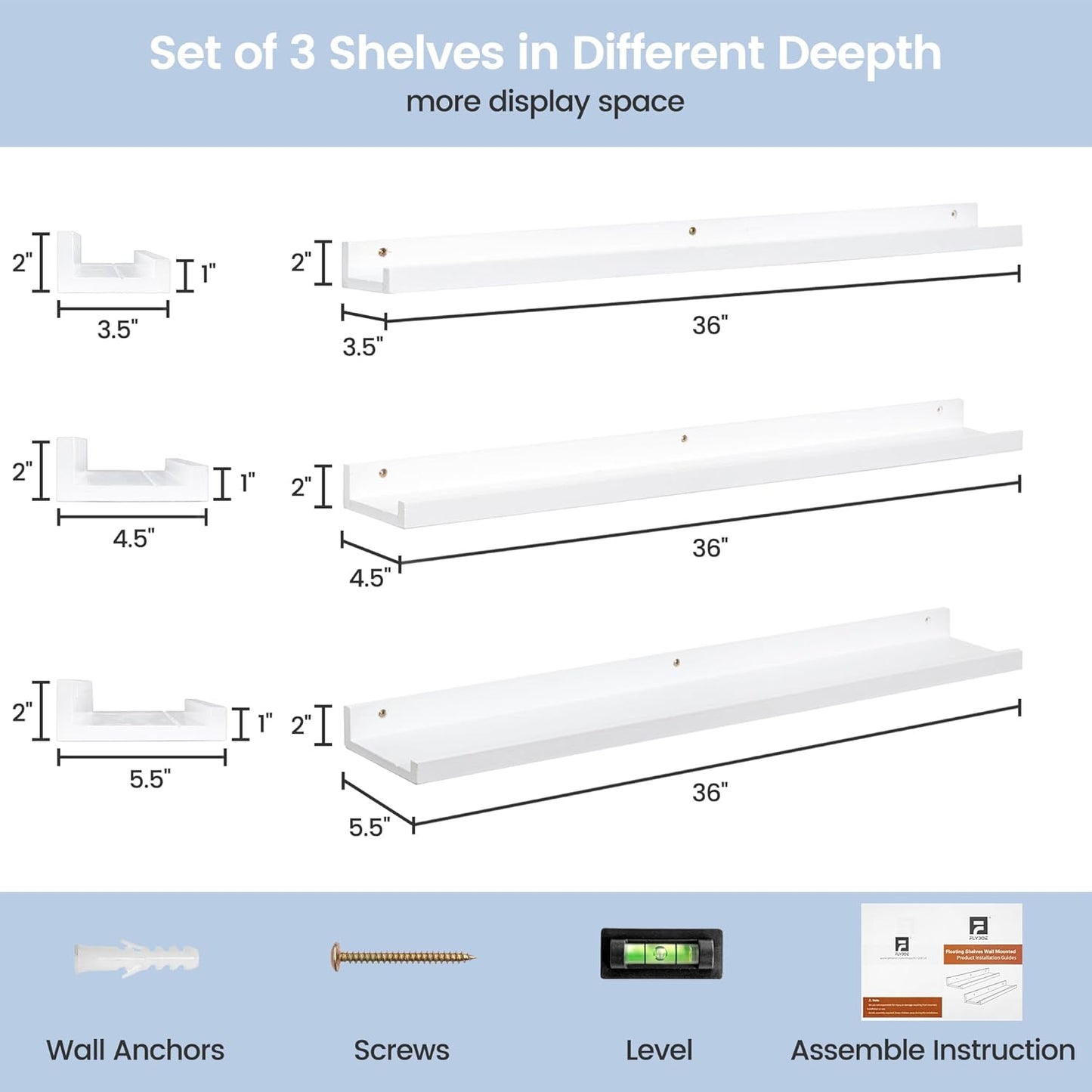 ShelfLoft 5.5"D x 2"H White Pine Wood Picture Ledge Shelf Nursery Bookshelf for Kids' Room, 2 Pack