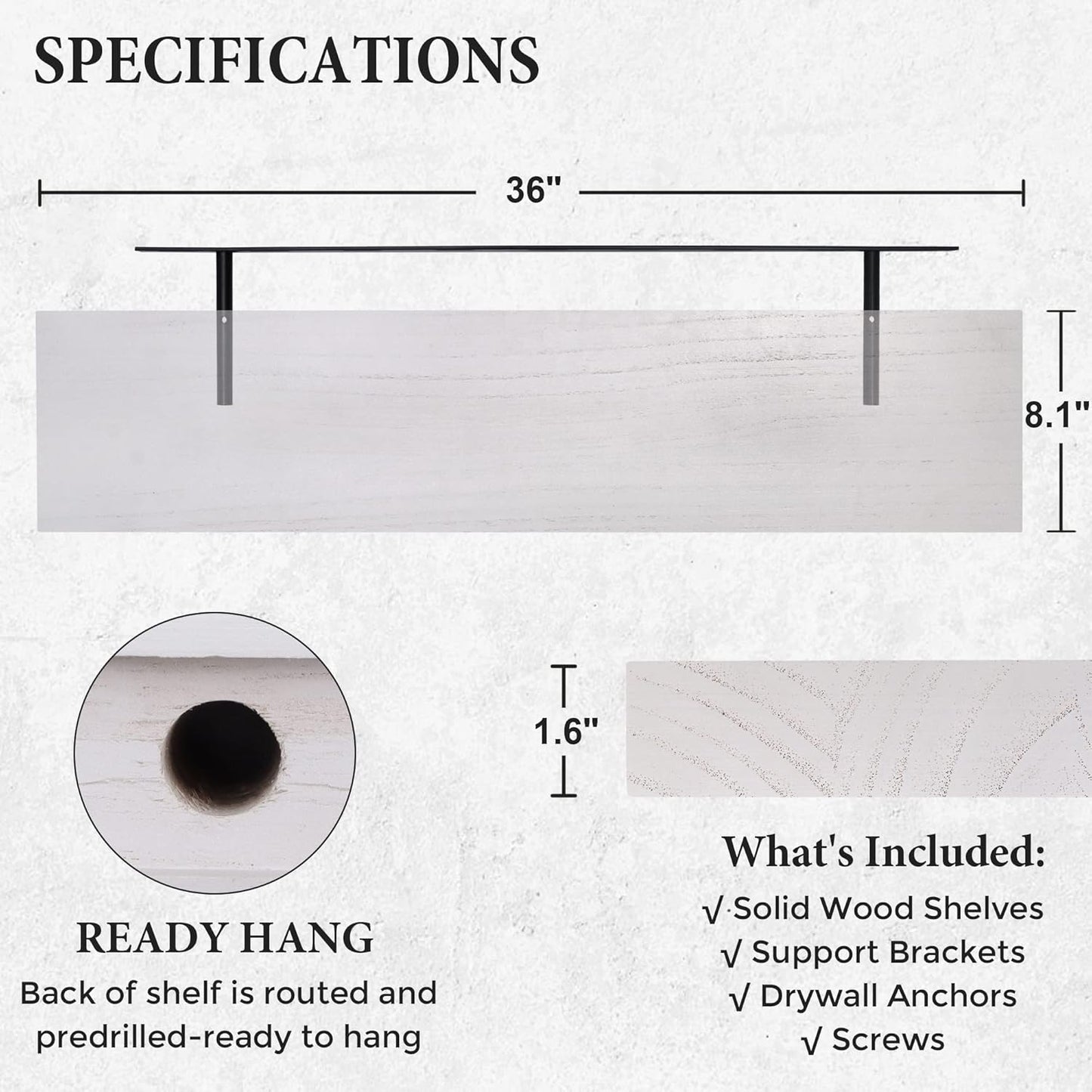 ShelfLoft 8.1"D x 1.6"H Snow White Modern Solid Wood Floating Shelves for Wall Storage