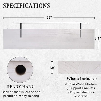 ShelfLoft 8.1"D x 1.6"H Snow White Modern Solid Wood Floating Shelves for Wall Storage