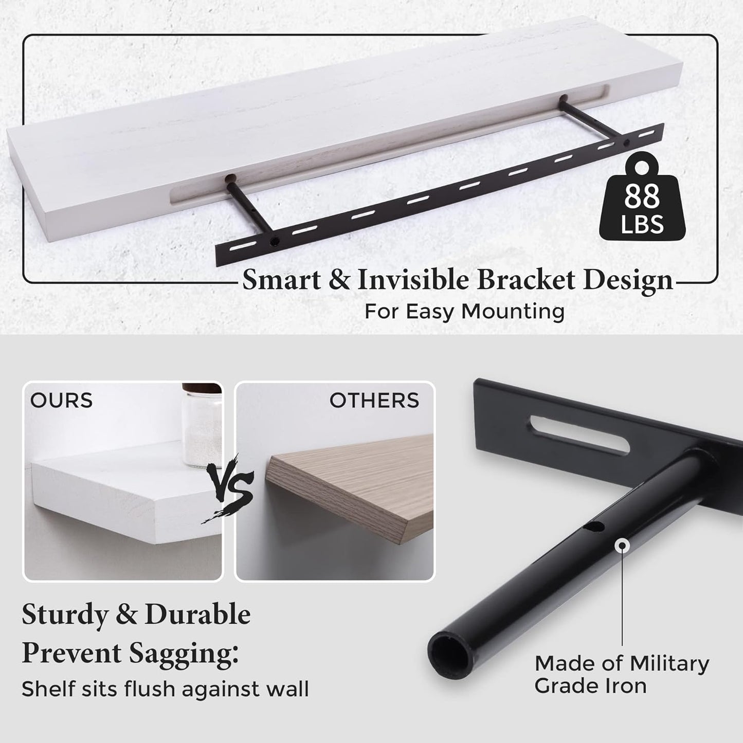 ShelfLoft 8.1"D x 1.6"H Snow White Modern Solid Wood Floating Shelves for Wall Storage