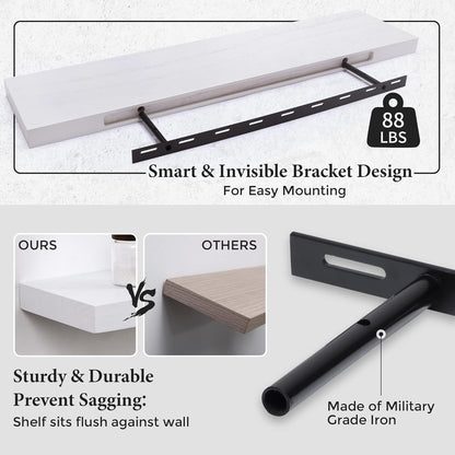 ShelfLoft 8.1"D x 1.6"H Snow White Modern Solid Wood Floating Shelves for Wall Storage