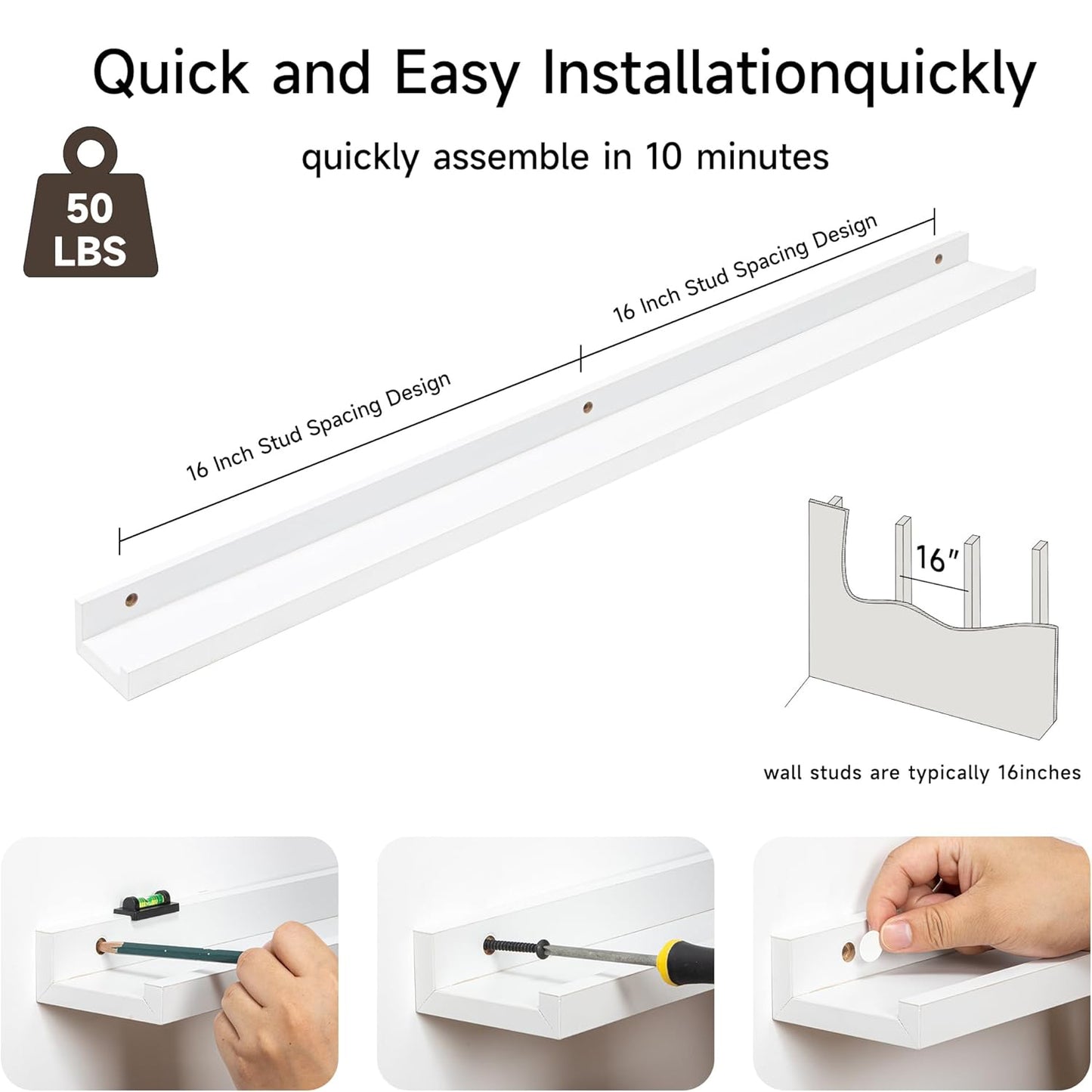 ShelfLoft 3.5"D x 1.6"H White Picture Ledge Shelf Nursery Bookshelf Floating Shelves