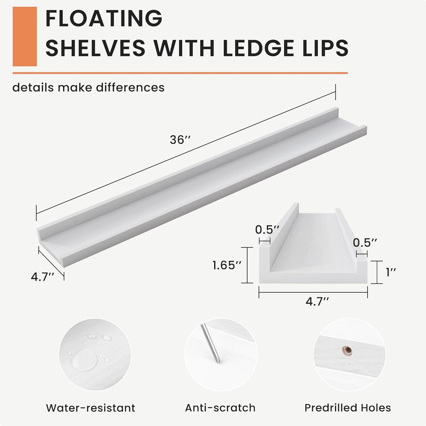 ShelfLoft 4.7"D x 1.65"H White Solid Ash Wood Picture Ledge Floating Shelves, Set of 2