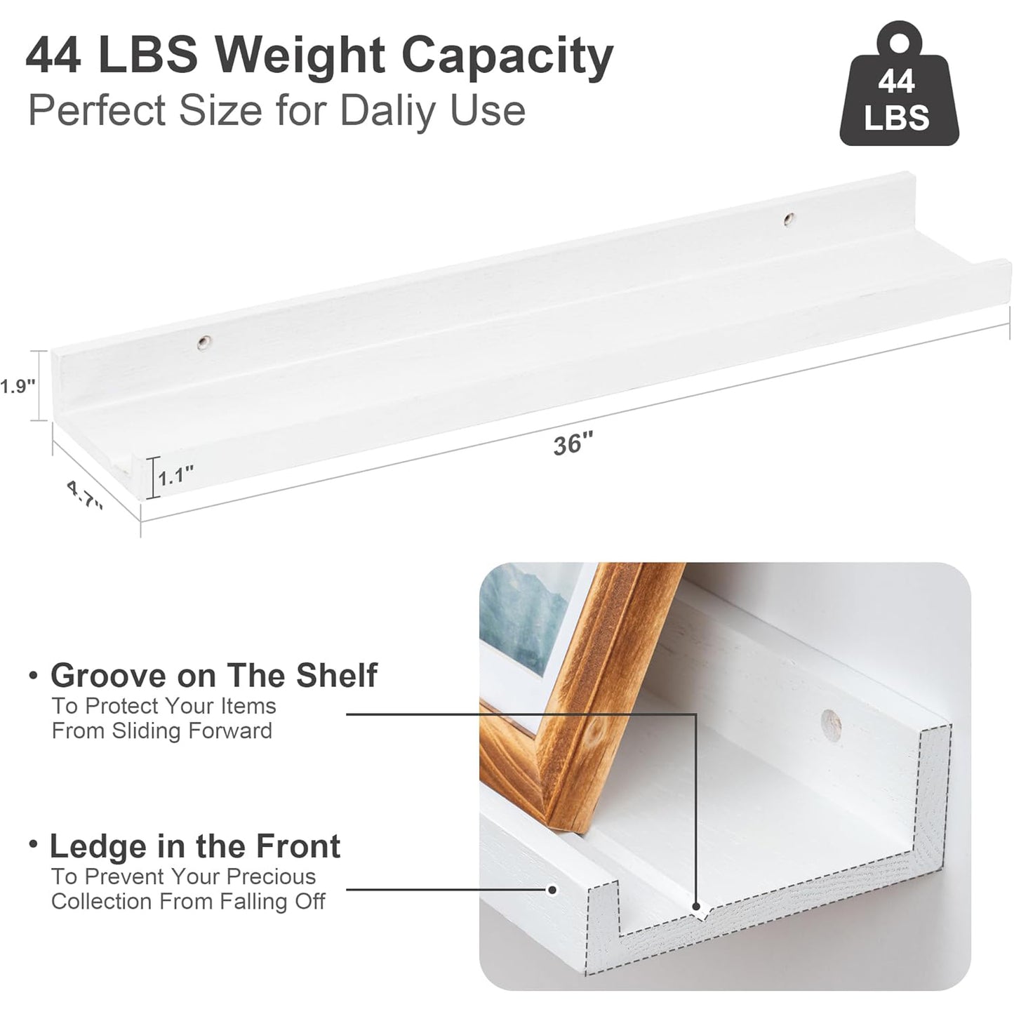 ShelfLoft 4.7"D x 1.9"H White Solid Oak Wood Picture Ledge Floating Shelves,Set of 2