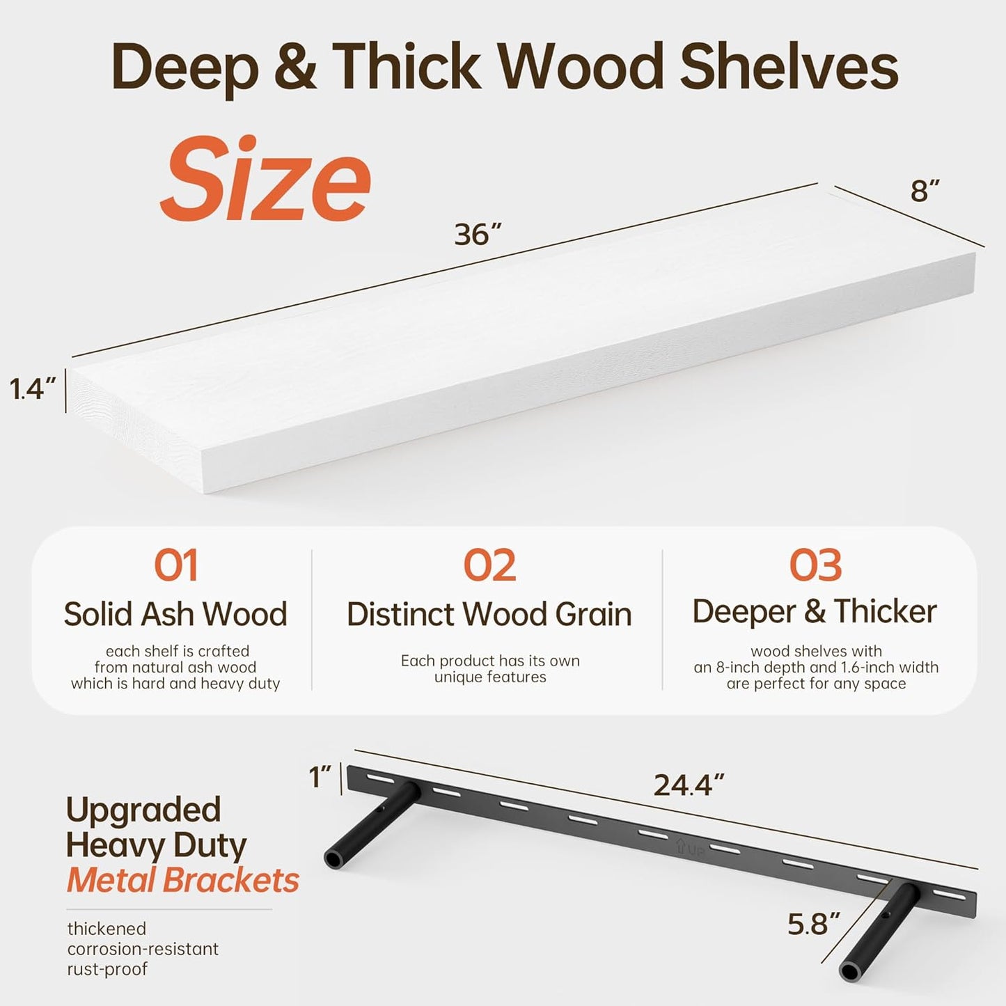 ShelfLoft 36" Wide x 8" Deep Solid Ash Wood Floating Shelves,2 Pack