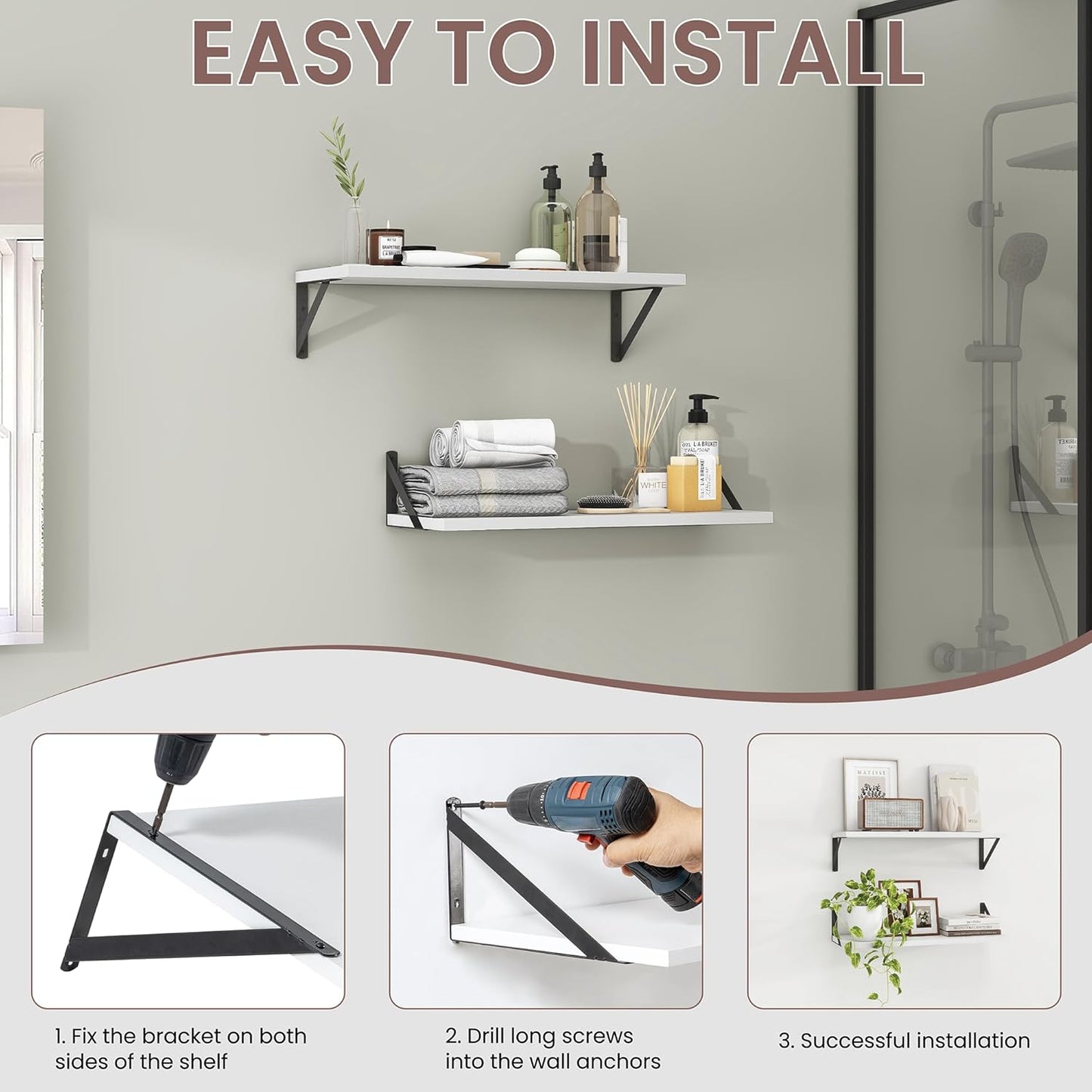 ShelfLoft 36" Wide x 8" Deep Floating Shelves with Brackets, White-2 Pack