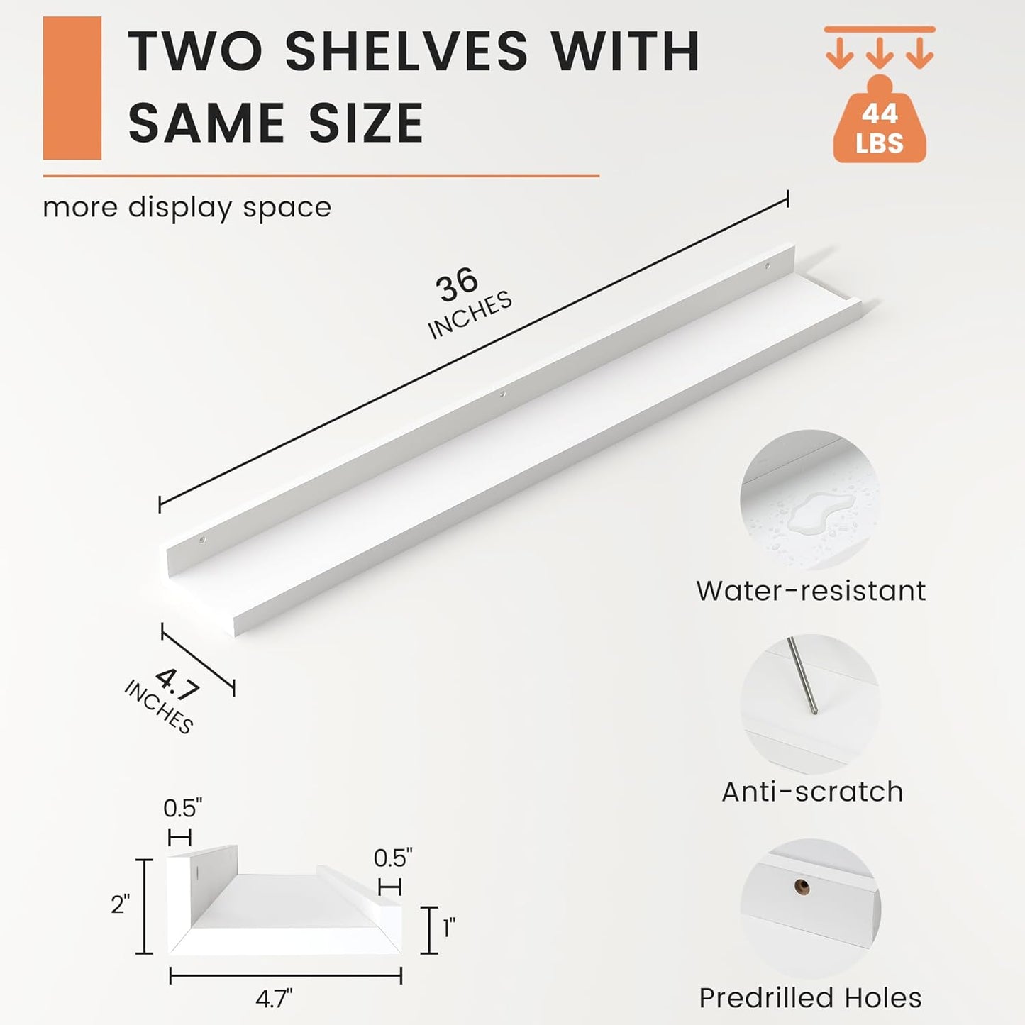 ShelfLoft 36" Wide x 4.7" Deep Picture Ledge Floating Shelves, White-2 Pack