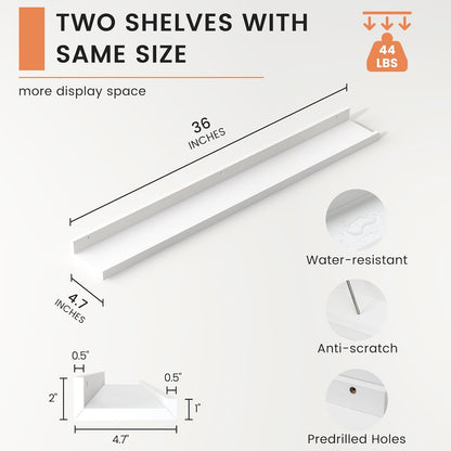 ShelfLoft 36" Wide x 4.7" Deep Picture Ledge Floating Shelves, White-2 Pack