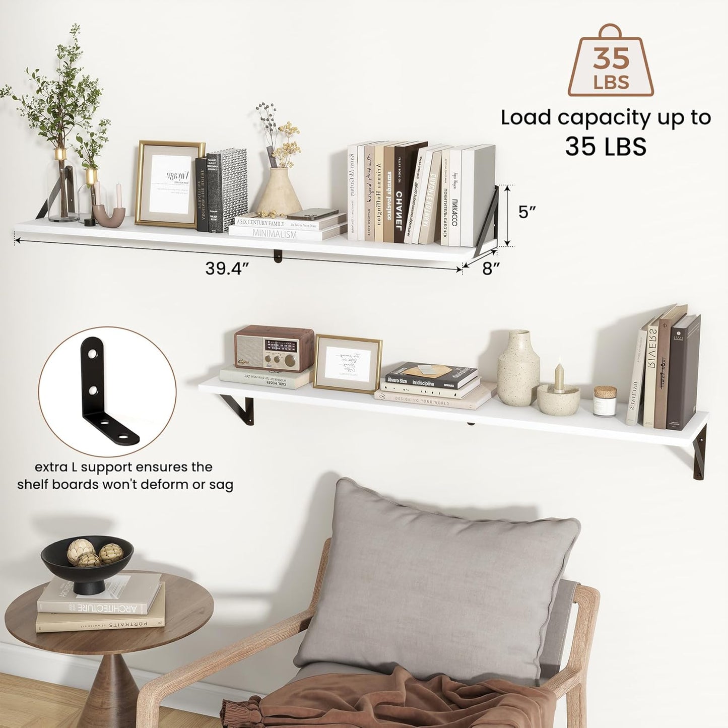 ShelfLoft 39.4" Wide x 8" Deep Wall Mounted Floating Shelves, 2 Pack