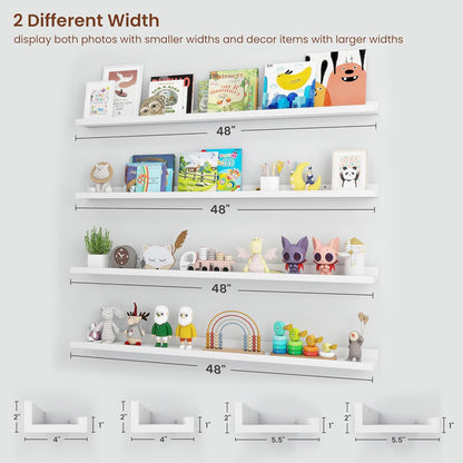 ShelfLoft 48" Wide x 5.5" Deep Picture Ledge Shelf Wall Display Floating Shelves with Lip, 4 Pack