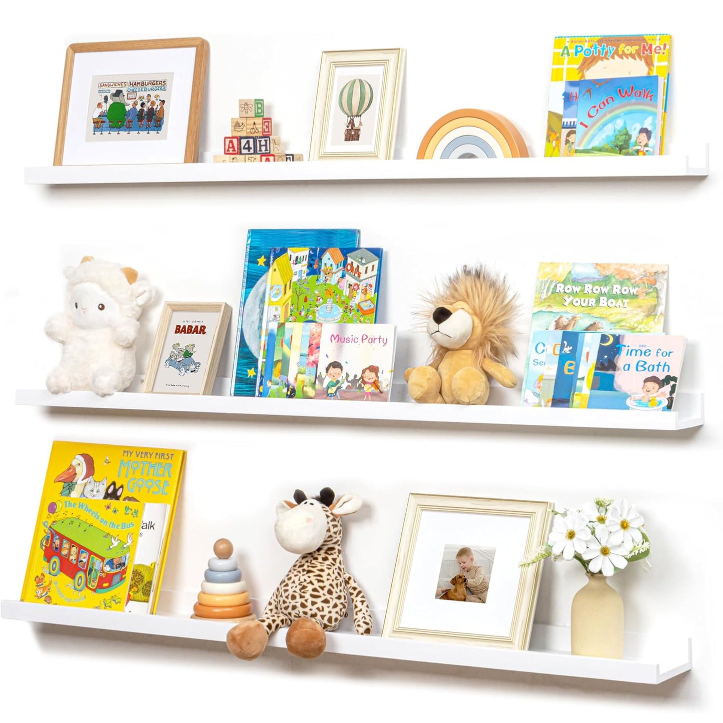 ShelfLoft 5.5"D x 2"H White Pine Wood Picture Ledge Shelf Nursery Bookshelf for Kids' Room, 2 Pack