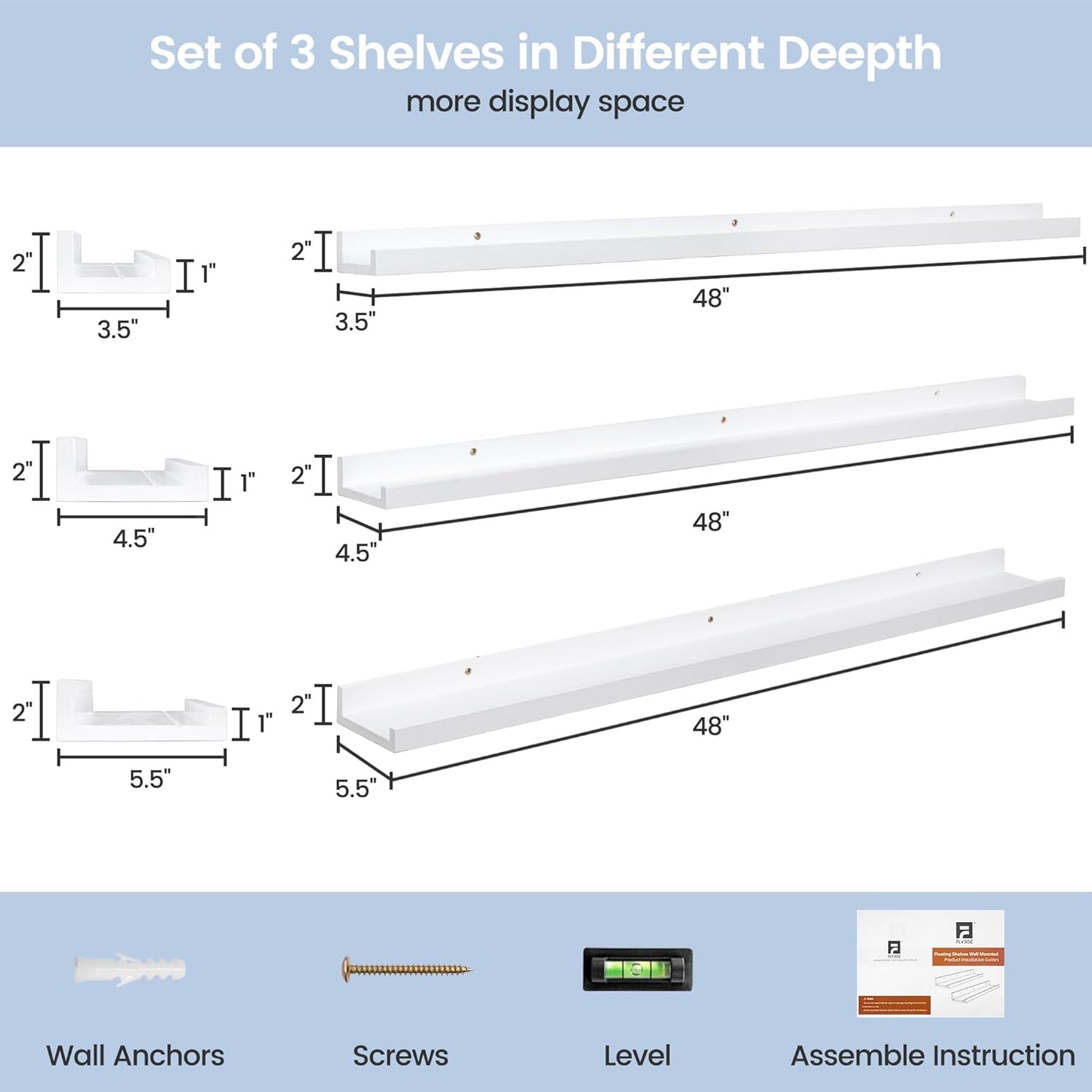 ShelfLoft 48" Wide x 5.5" Deep Pine Wood Picture Ledge Shelf Wall Shelves with Lip, 3 Pack