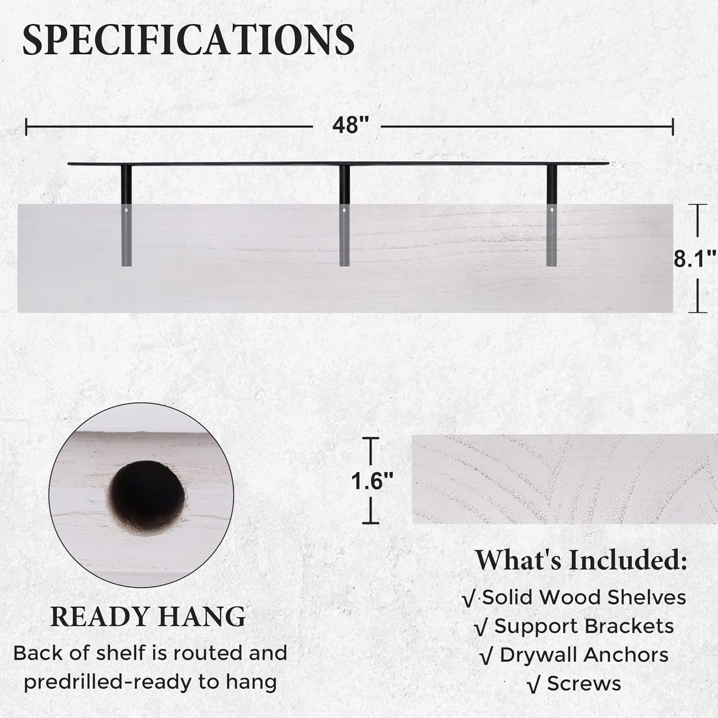 ShelfLoft 8.1"D x 1.6"H Snow White Modern Solid Wood Floating Shelves for Wall Storage
