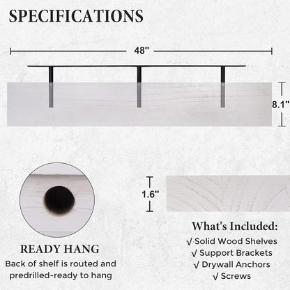 ShelfLoft 8.1"D x 1.6"H Snow White Modern Solid Wood Floating Shelves for Wall Storage