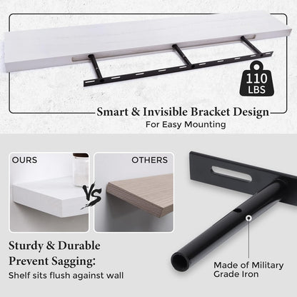 ShelfLoft 8.1"D x 1.6"H Snow White Modern Solid Wood Floating Shelves for Wall Storage