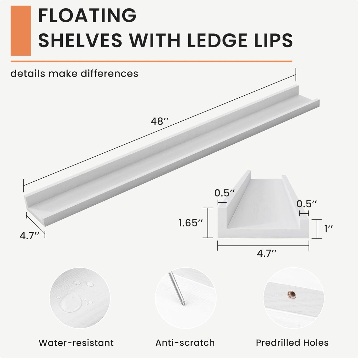 ShelfLoft 4.7"D x 1.65"H White Solid Ash Wood Picture Ledge Floating Shelves, Set of 2