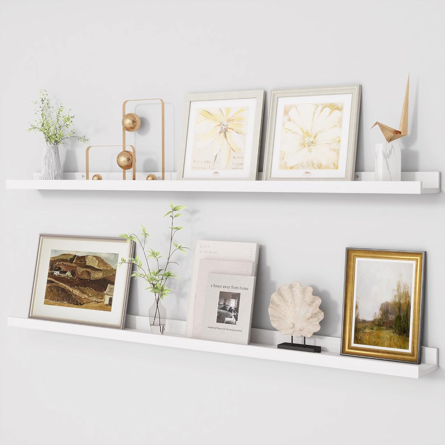 ShelfLoft 5.1"D x 1.96"H White Picture Ledge Shelf Pine Wood Floating Shelves,Set of 2