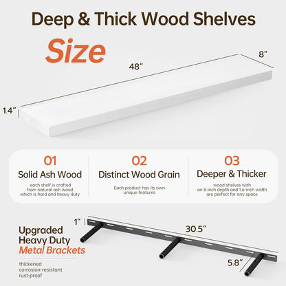 ShelfLoft 48" Wide x 8" Deep Solid Ash Wood Floating Shelves,1 Pack