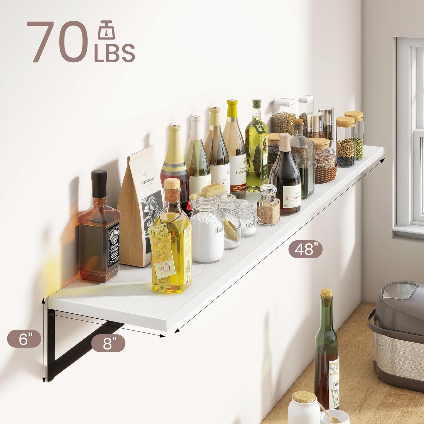 ShelfLoft 48" Wide x 8" Deep Floating Shelves with Brackets, 2 Pack