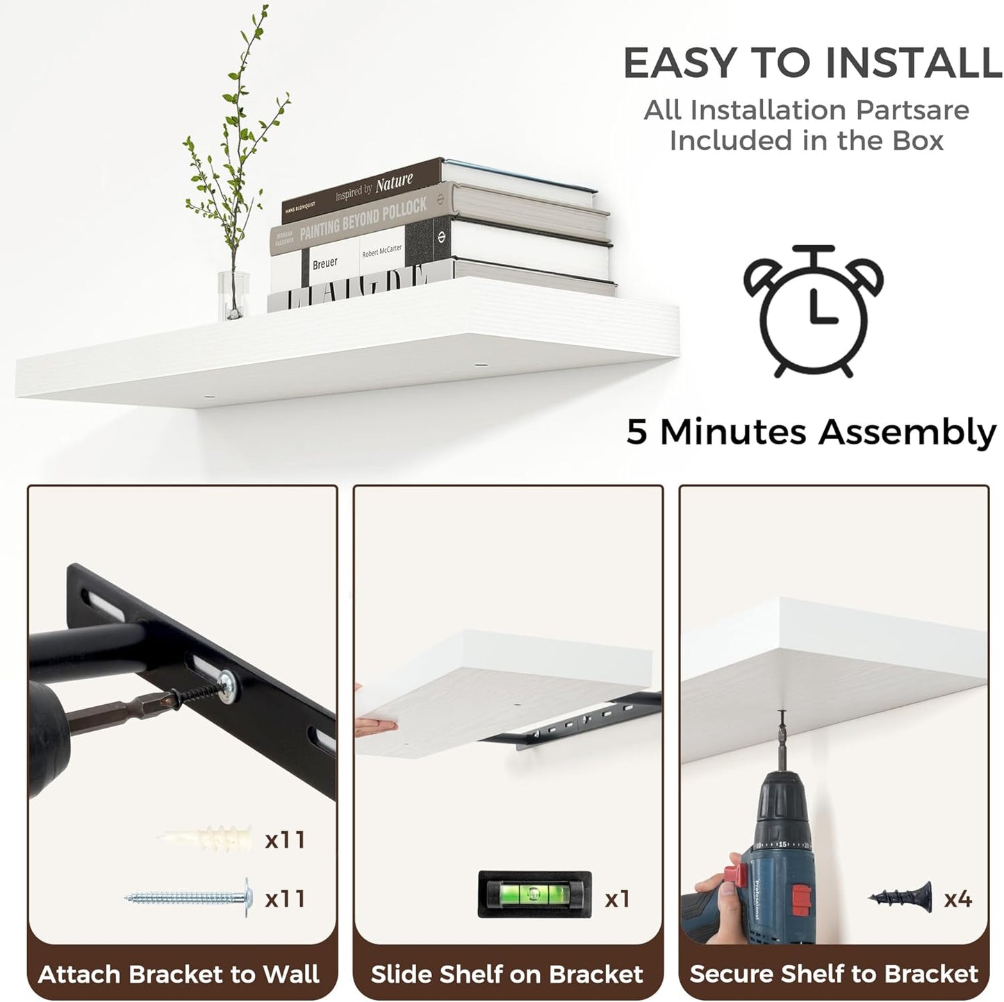 ShelfLoft 48"W x 9"D White Floating Shelves for Wall Storage,1 Pack