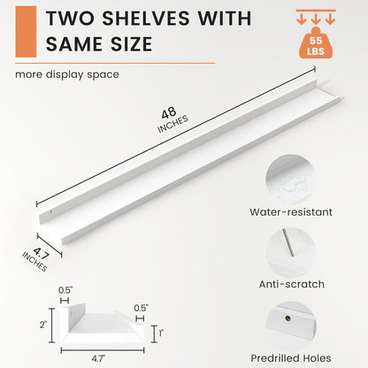 ShelfLoft 48" Wide x 4.7" Deep Picture Ledge Floating Shelves, White-2 Pack