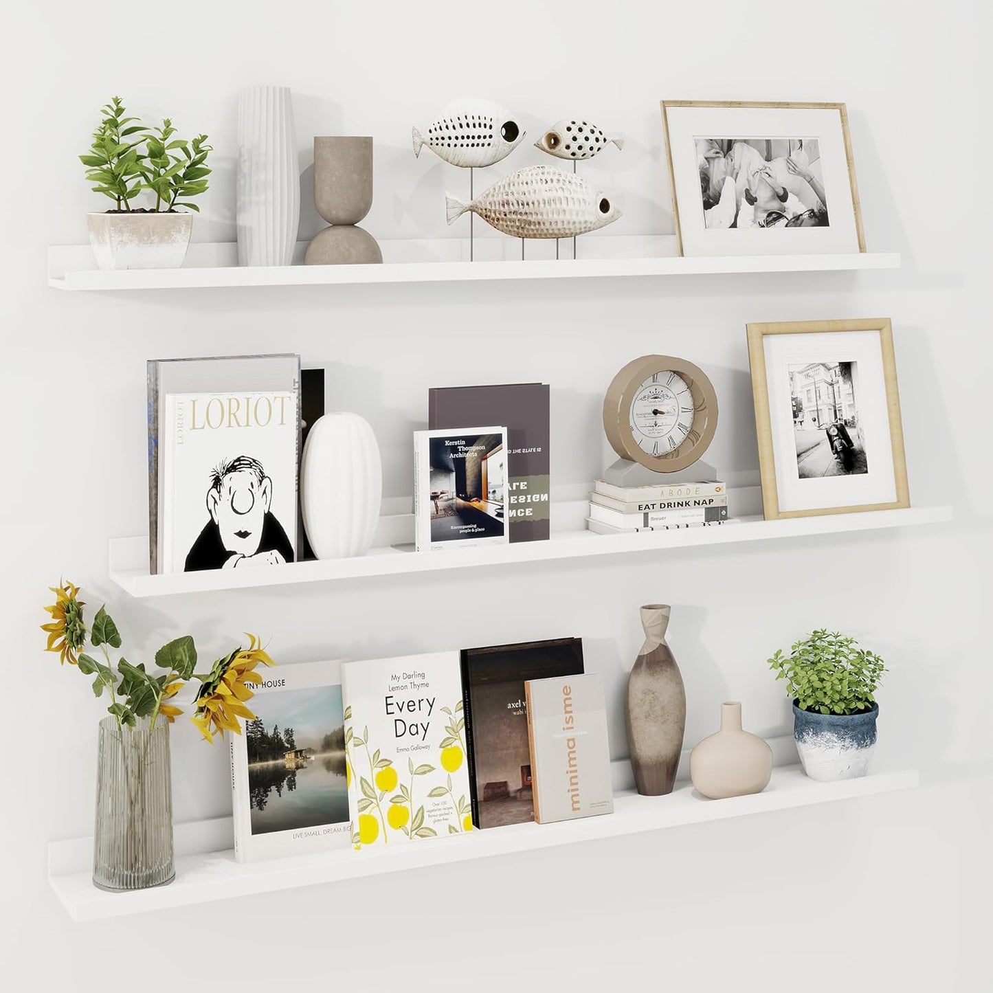 ShelfLoft 5.7"D x 2"H White Picture Ledge Shelf Floating Shelves with Lip, Set of 3