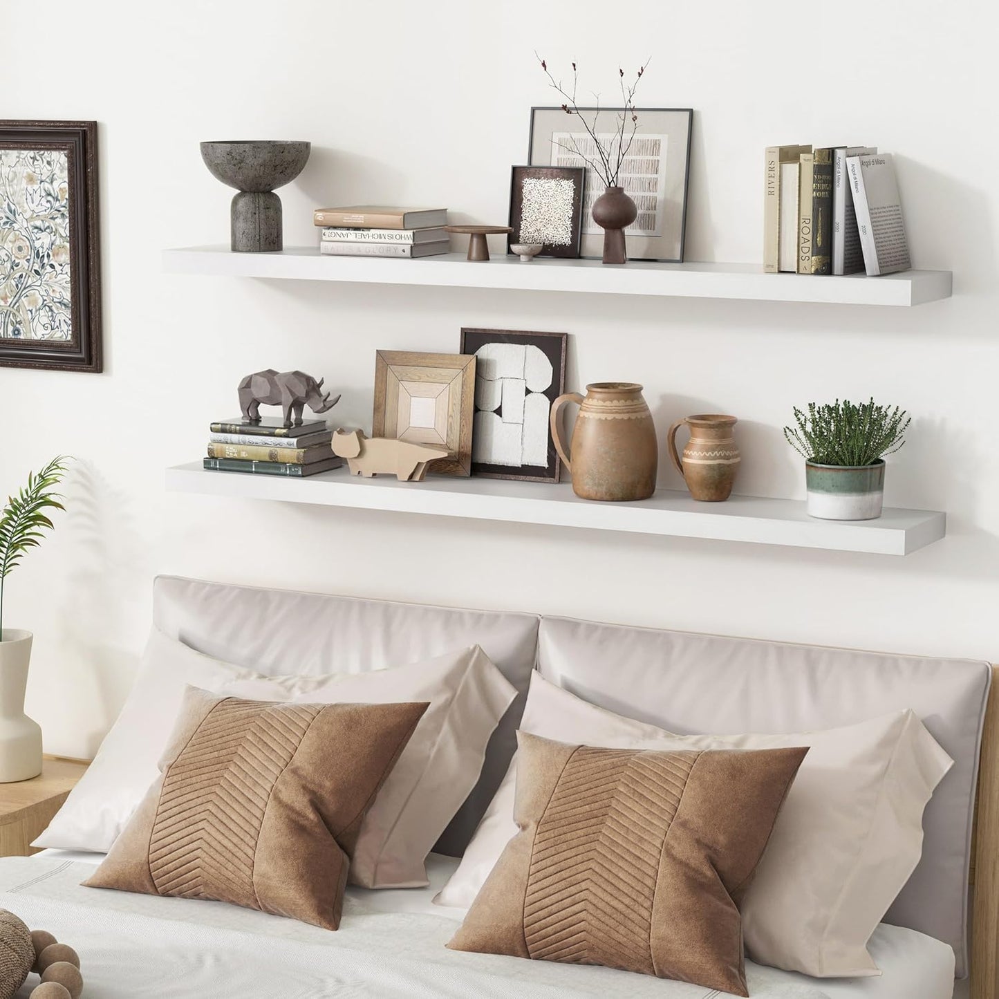 ShelfLoft 48"W x 6.7"D Paulownia Wood Wall Display Decor Floating Shelves,White-2 Pack