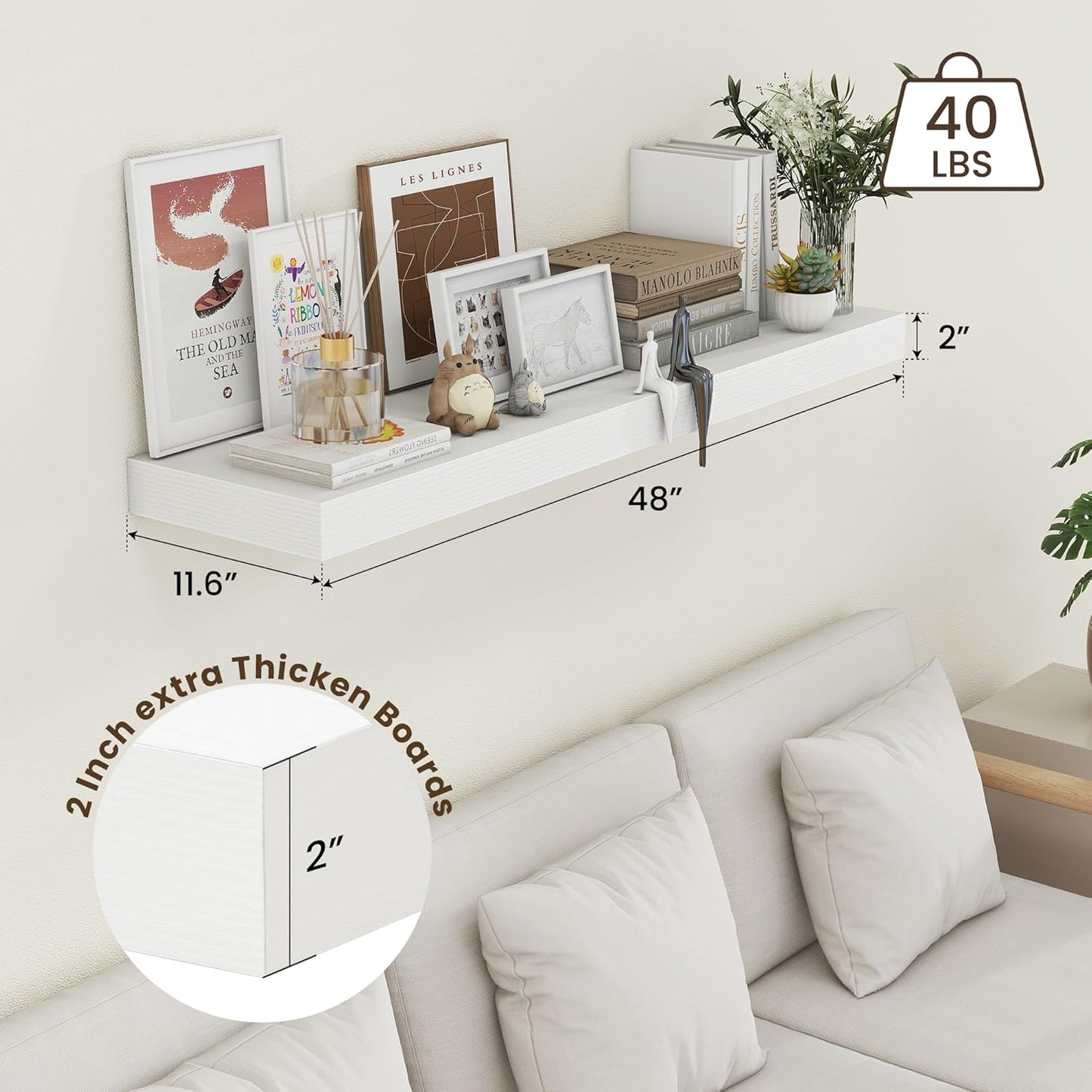 ShelfLoft 11.6"D x 2"H White Floating Shelves for Wall Storage