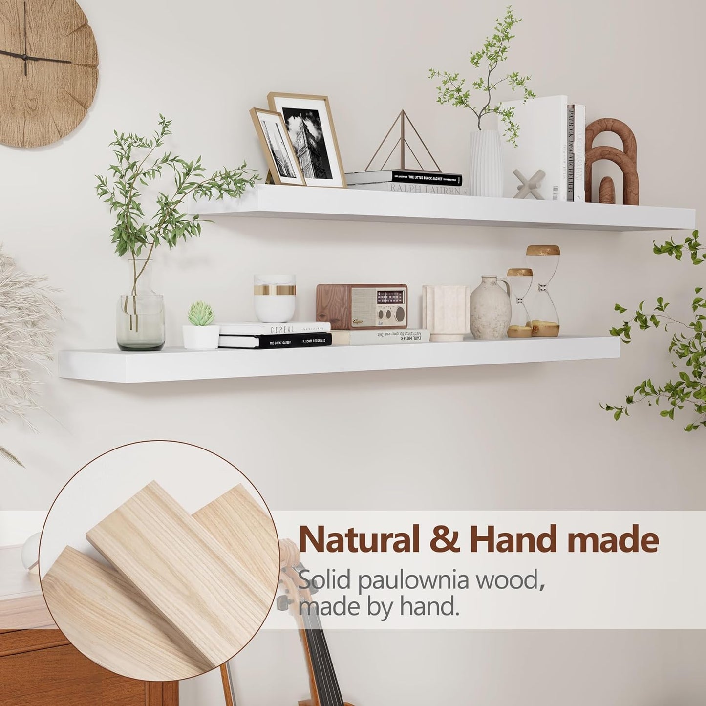 ShelfLoft 48"W x 6.7"D Paulownia Wood Wall Display Decor Floating Shelves,White-2 Pack