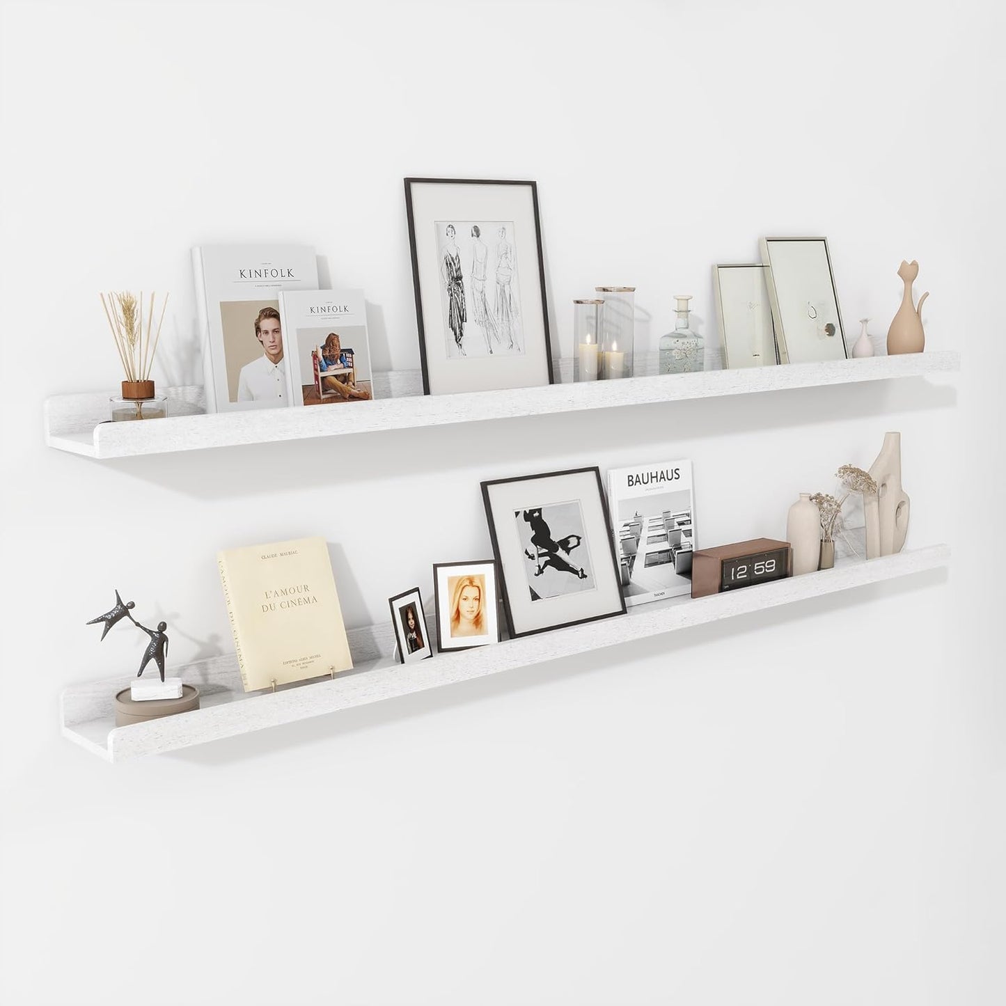 ShelfLoft 4.7"D x 1.9“H White Solid Ash Wood Picture Ledge Shelf Groove Floating Shelves,Set of 2