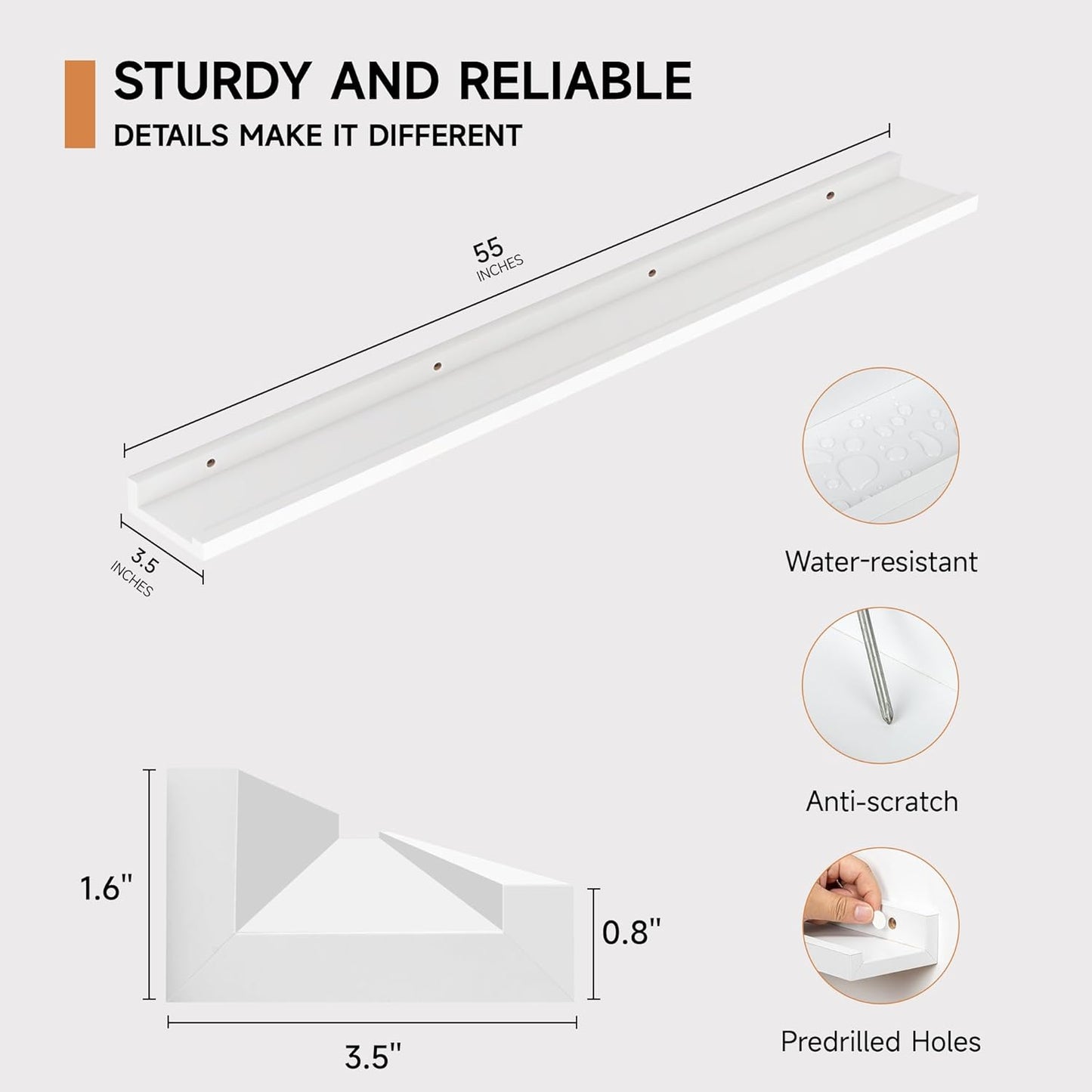 ShelfLoft 55“W x 3.5”D Wide White Picture Ledge Shelf Wall Display Long Floating Shelves,2 Pack