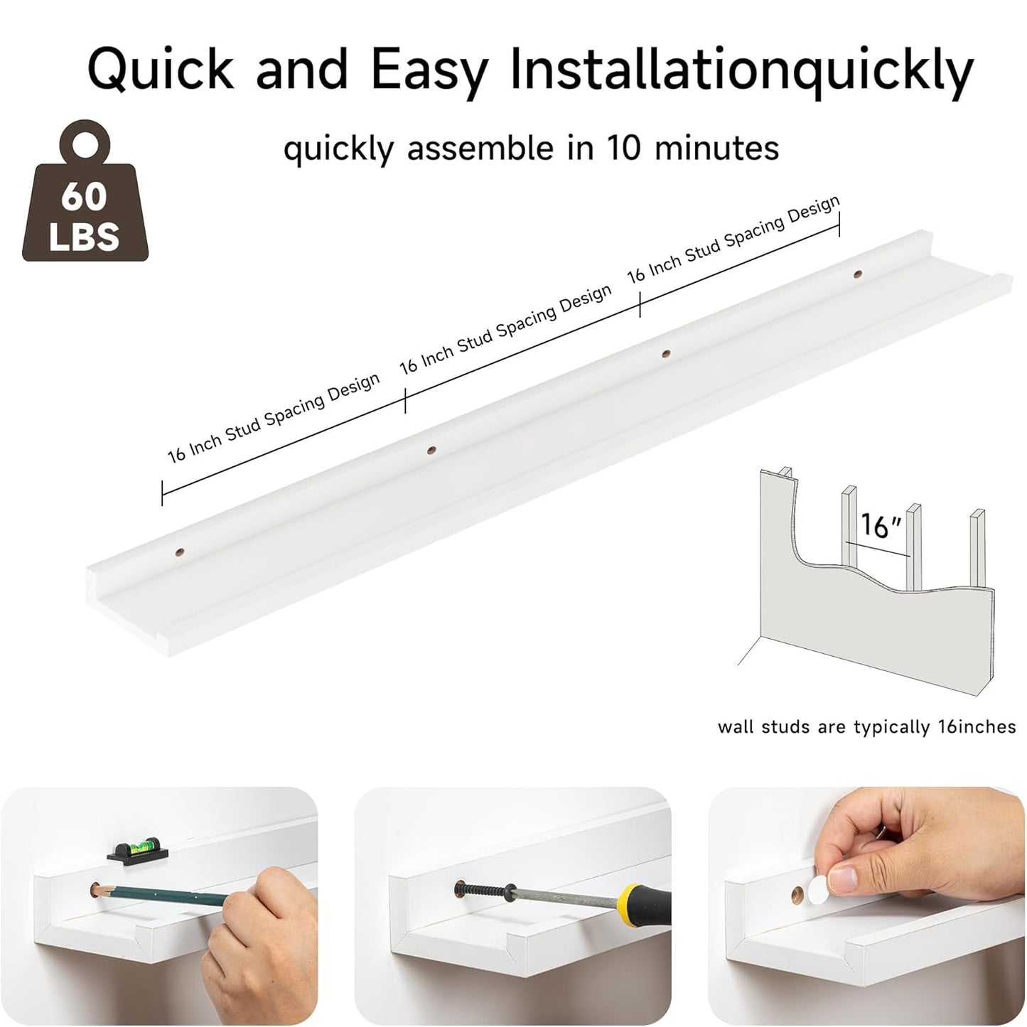 ShelfLoft 3.5"D x 1.6"H White Picture Ledge Shelf Nursery Bookshelf Floating Shelves