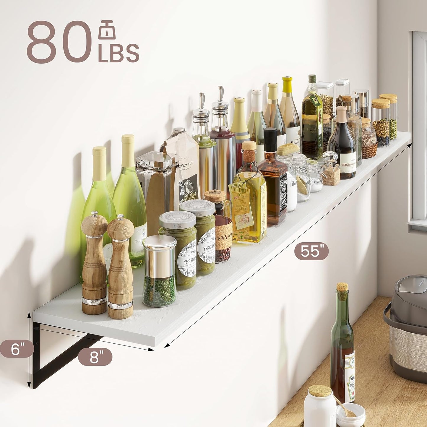 ShelfLoft 55" Wide x 8" Deep Floating Shelves with Brackets, White-2 Pack