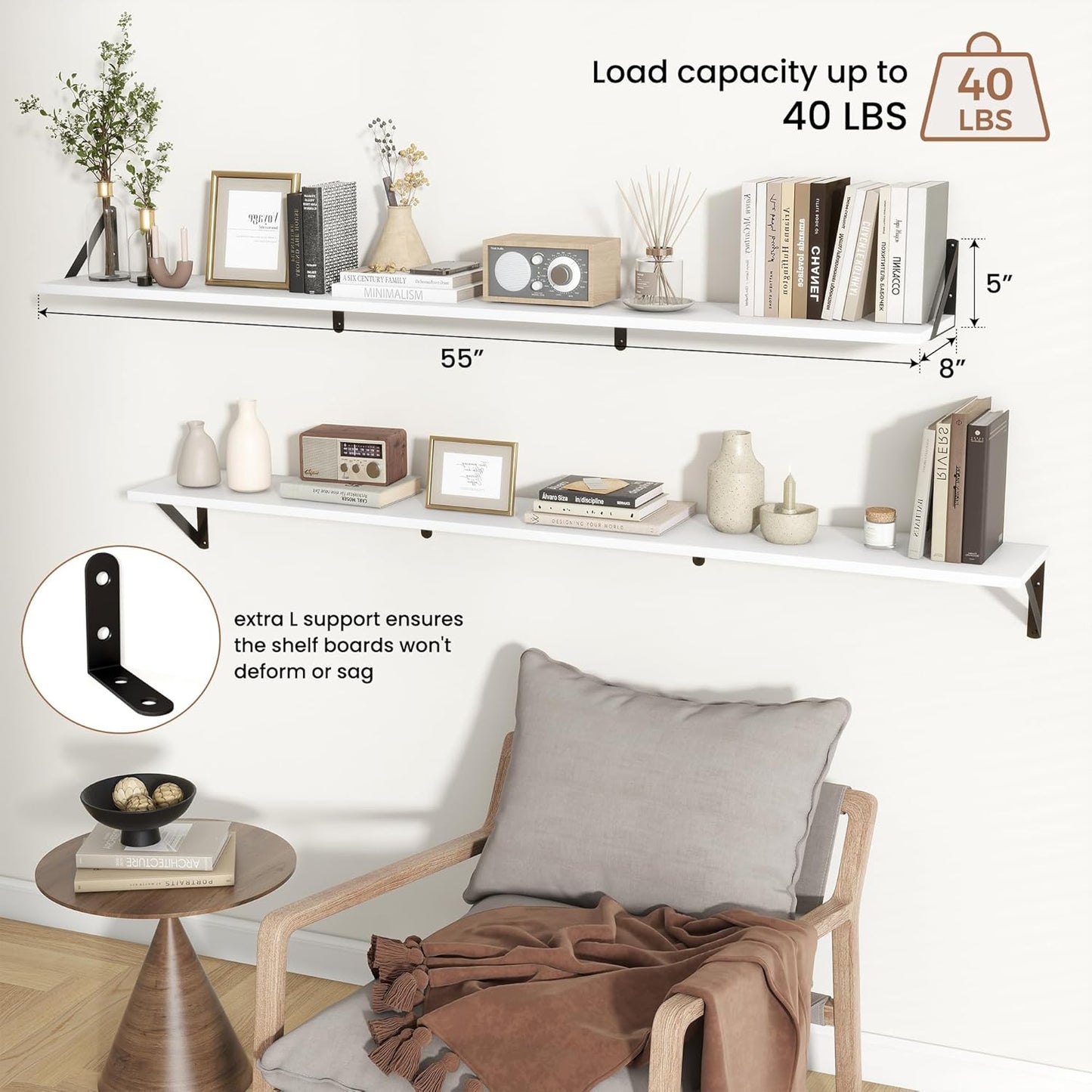 ShelfLoft 55" Wide x 8" Deep Wall Mounted Floating Shelves, 2 Pack