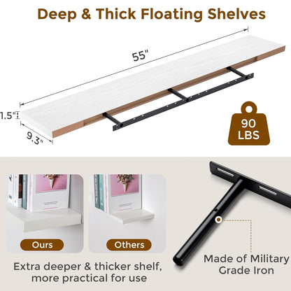 ShelfLoft 55" Wide x 9.3" Deep Floating Shelves for Wall Storage,White-1 Pack