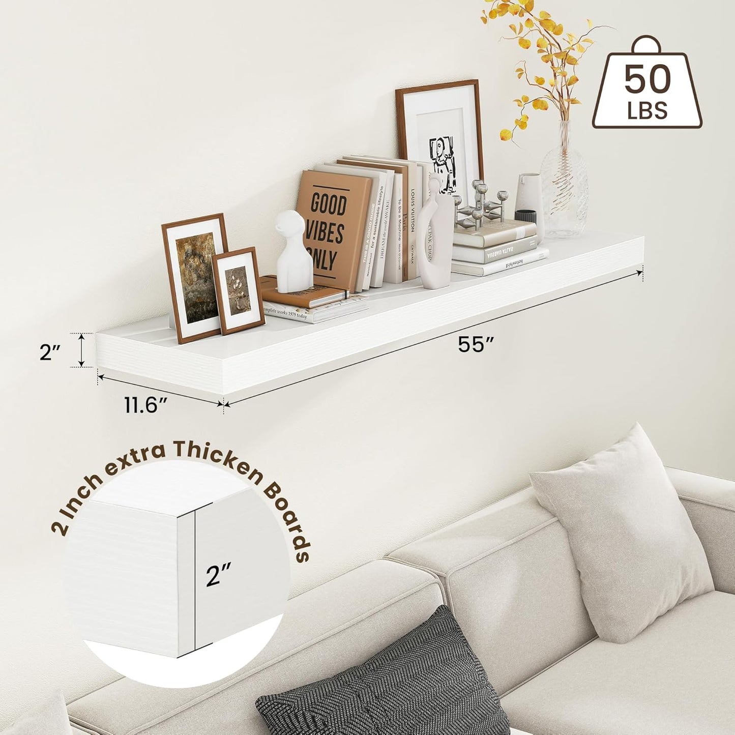 ShelfLoft 11.6"D x 2"H White Floating Shelves for Wall Storage